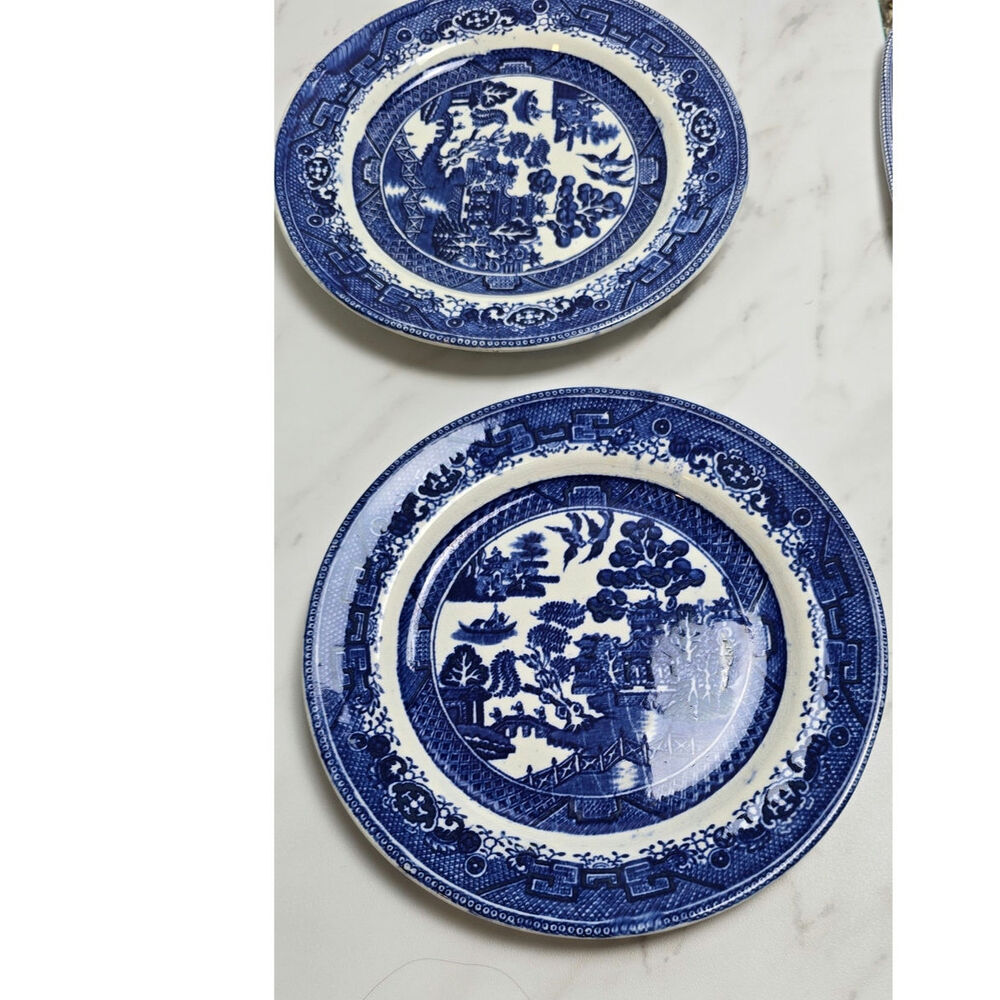 Antique Willow WARE England Blue set of 2 plates flaws see photos